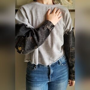 Thrill Gray Sweatshirt with Black Denim Patch Sleeves
